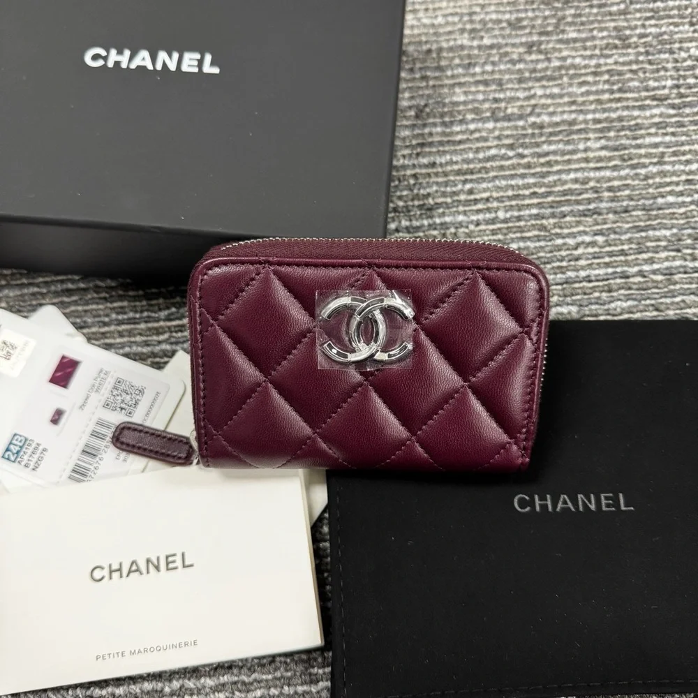 Chanel Dark Burgundy Quilted Wallet Coin Purse with Zip around  CC logo
